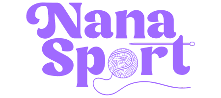 Purple 'Nana Sport' logo with yarn and knitting needle icon on a black background